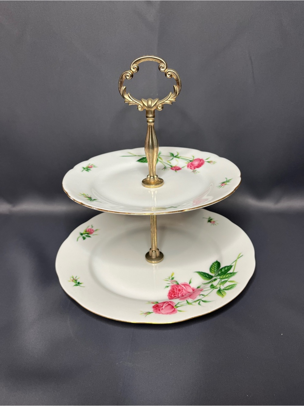 Vintage Christineholm Porcelain Rose 2 Tier Cake Stand